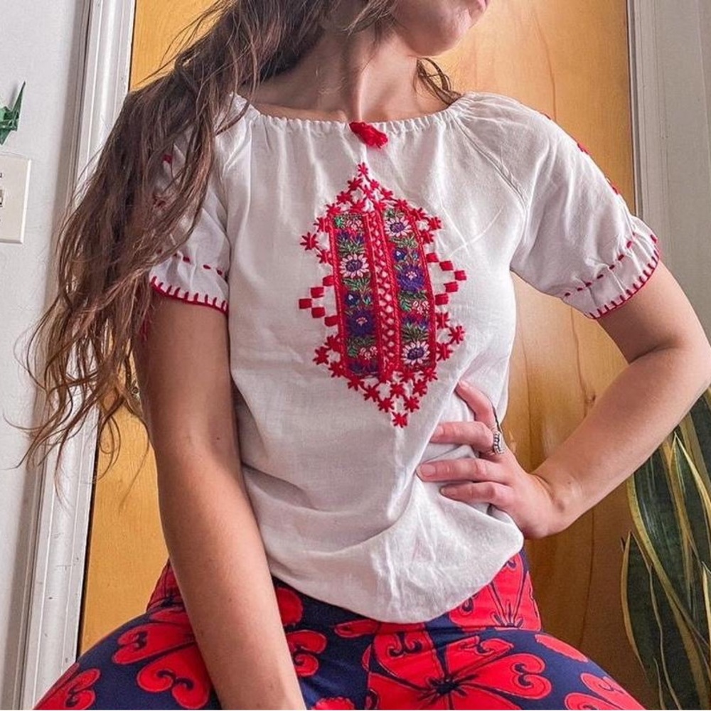 Rare Vintage Romanian Embroidered Folk Blouse